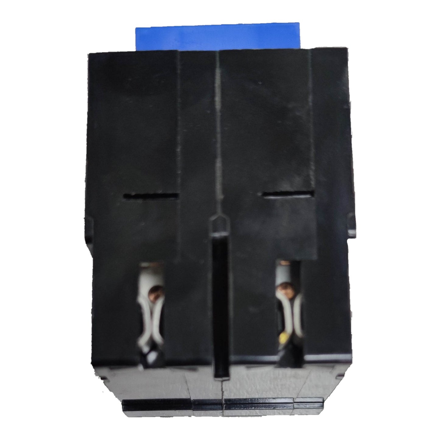 Black plastic component with cutouts and a blue square on a white  Koten 50A 2 Pole 10KAIC 220V Circuit Breaker Single Phase Plug-in HPH-P50A2P For Safety Overload Easy Installation Electx Electrical Supplybackground