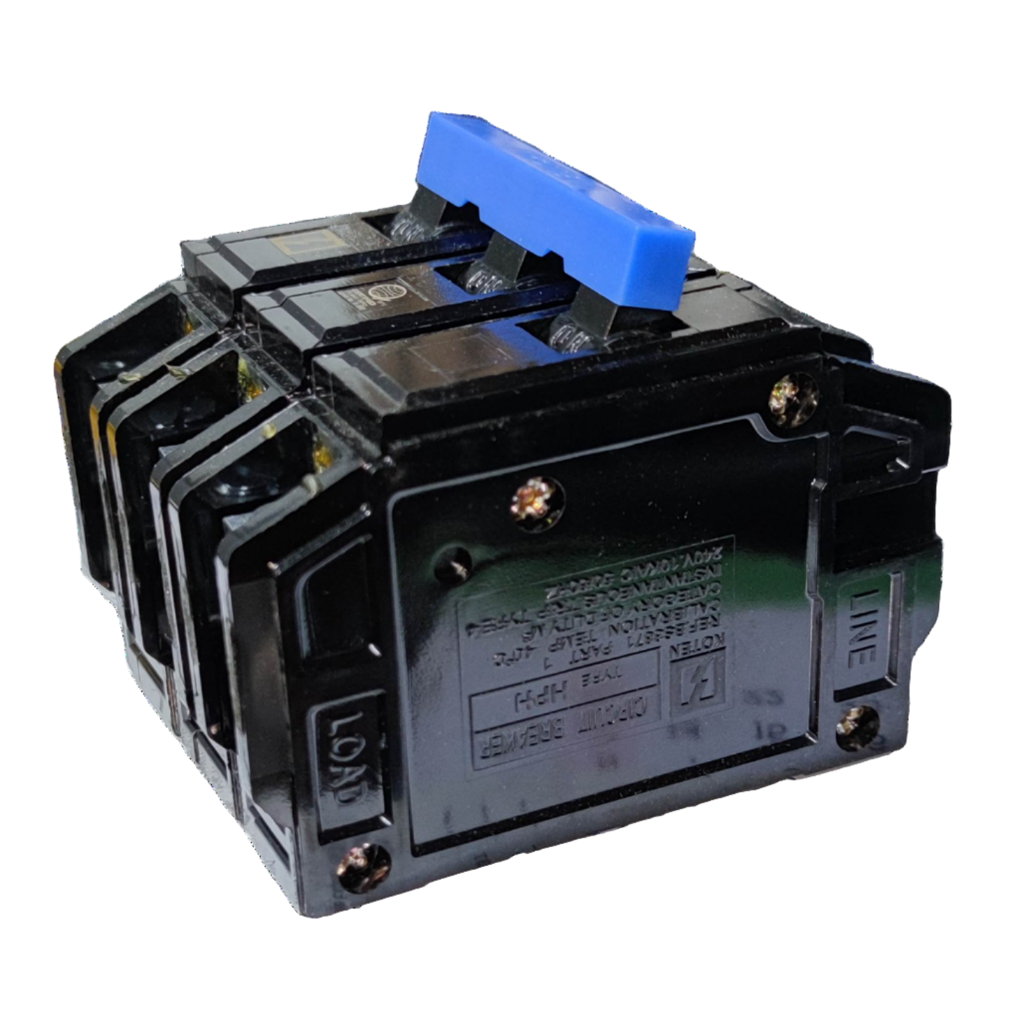 Electrical breaker switch with blue handle on a white background Koten 50A 3Pole 10KAIC 220V Circuit Breaker 3 Phase Bolt On HPH3P50A for Safety Overload Electx Electrical Supply