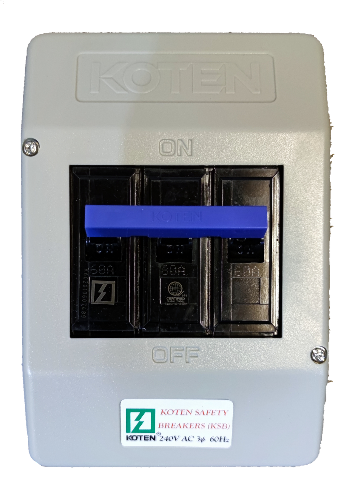 Koten 60A Circuit Breaker with Enclosure 3 Pole in gray casing with blue switch handle