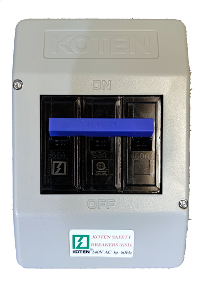 Koten 60A Circuit Breaker with Enclosure 3 Pole in gray casing with blue switch handle