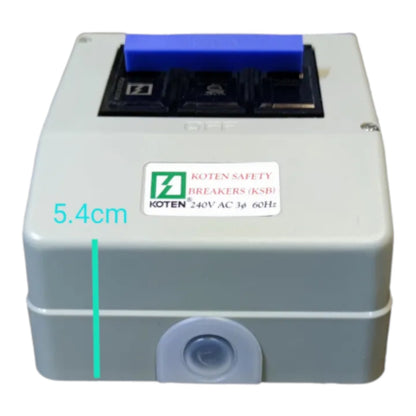 A Koten safety breaker box in light gray plastic with a blue handle on top, a white product label, and a cyan height measurement overlay indicating 5.4cm.