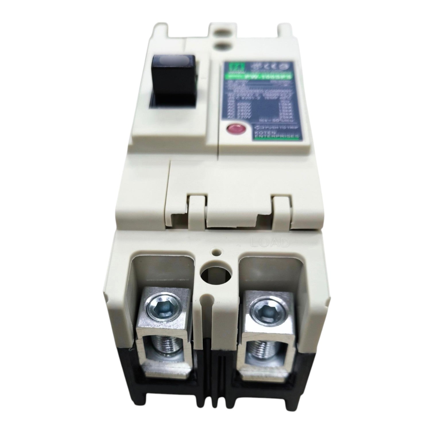 A compact electrical circuit breaker with a beige plastic housing, black terminal base, black switch, and a blue-green label on the top panel, shown against a plain white background.