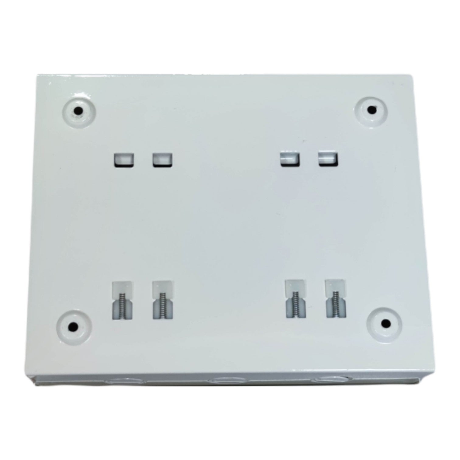 White electrical wall plate with multiple sockets on a white background