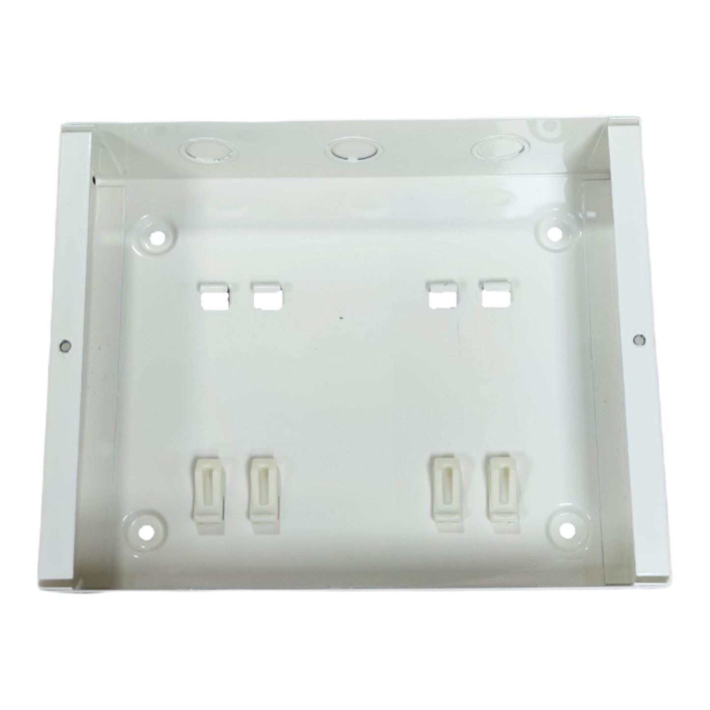 White electrical wall plate with multiple sockets on a white background