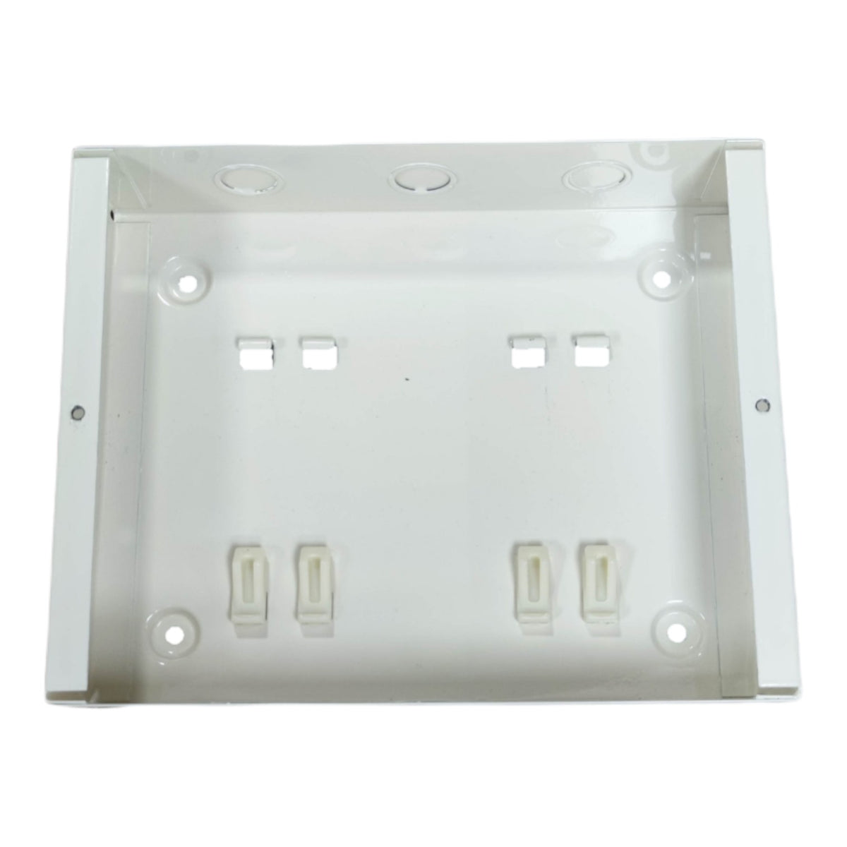 White electrical wall plate with multiple sockets on a white background