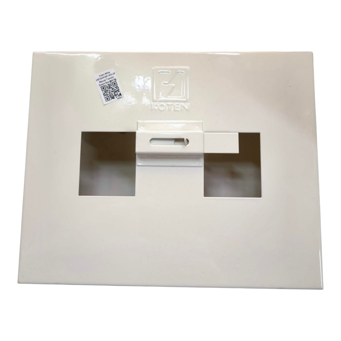 White electronic device with a windowed cover on a white background