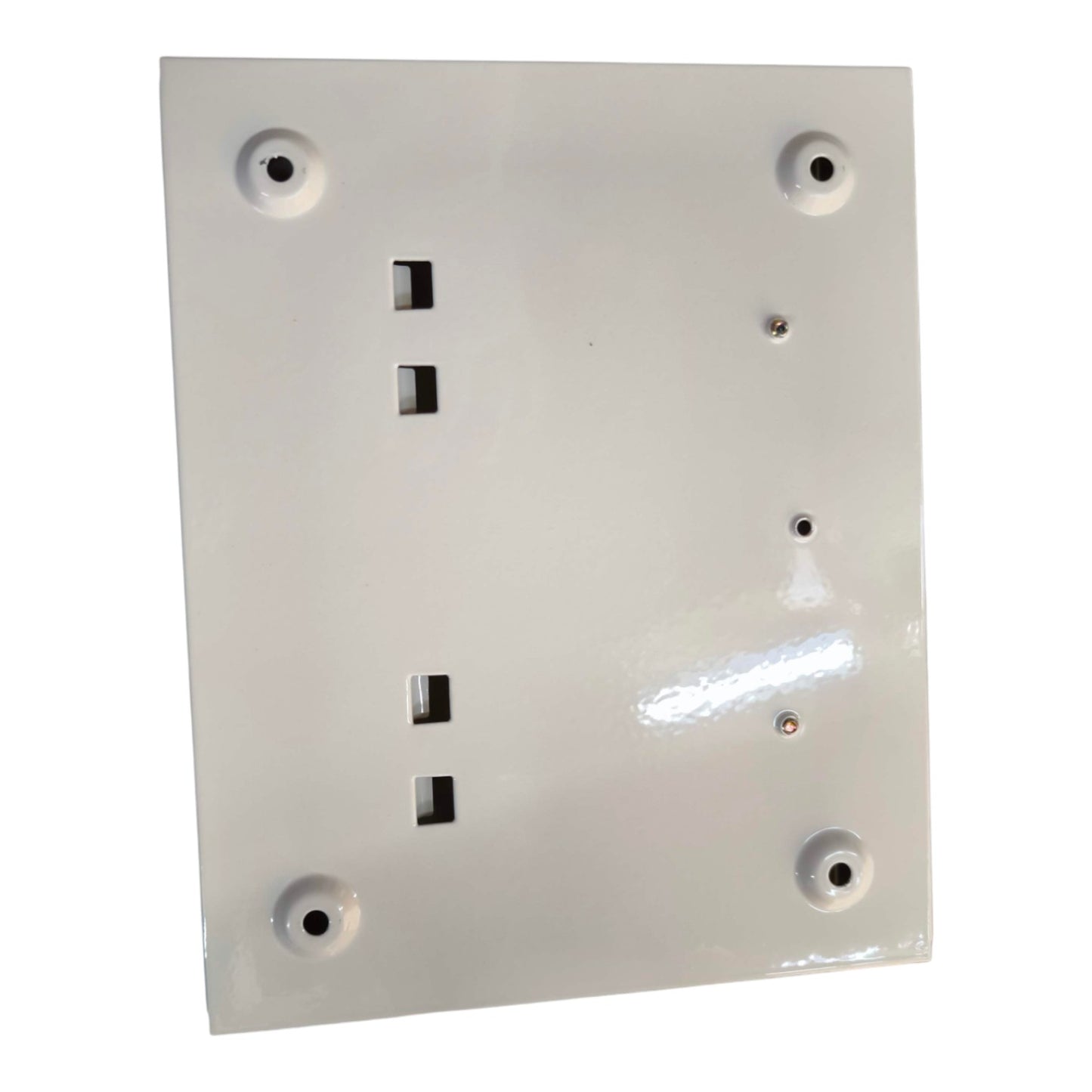 White wall plate with multiple electrical outlets on a white background
