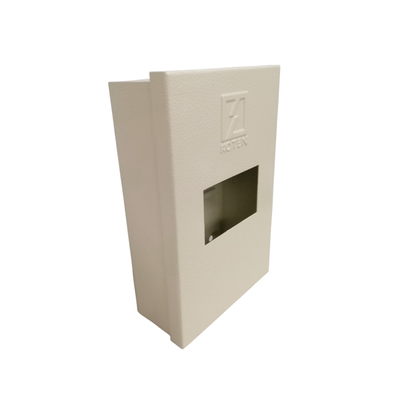 Beige metal box with a window on a white background