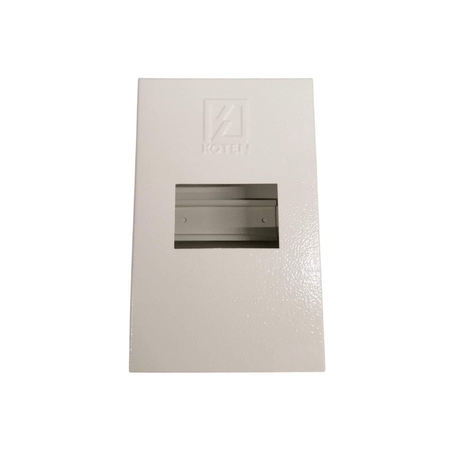 Beige wall-mounted electrical box with a brand logo on a white background