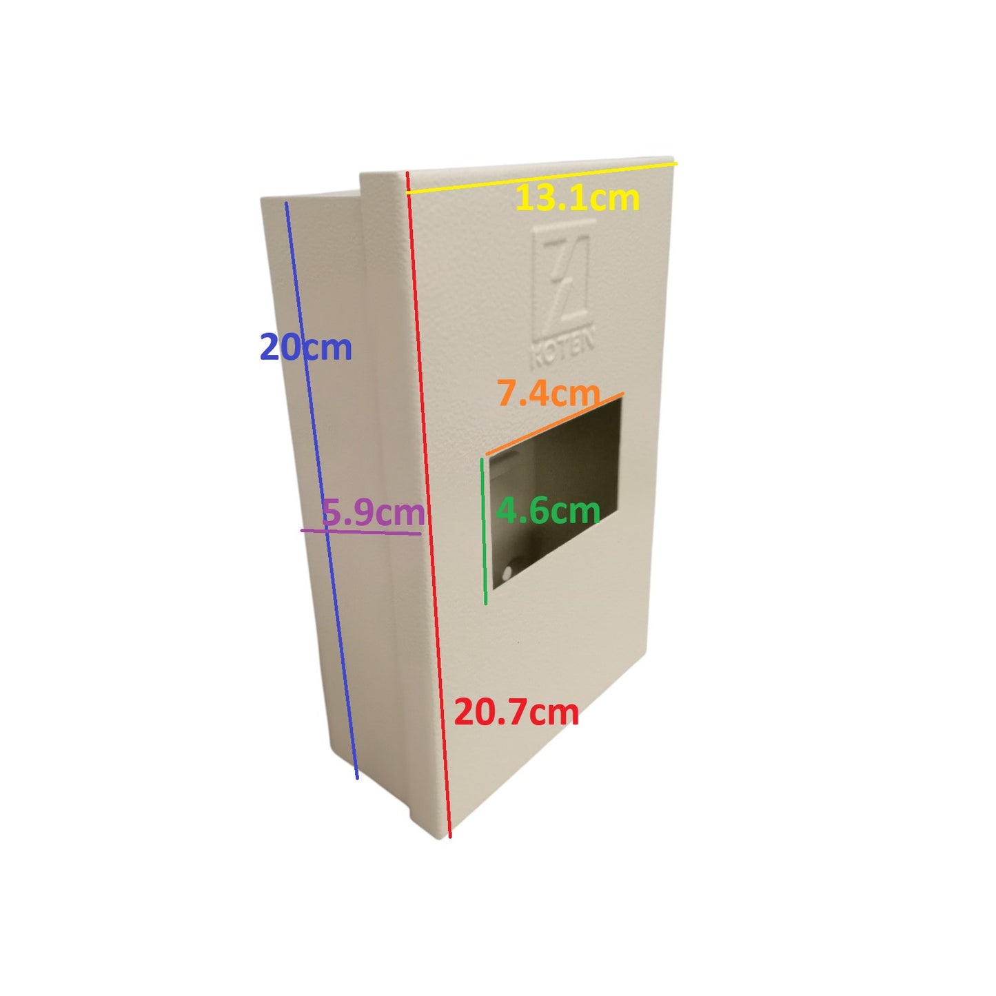Beige plastic box with dimensions marked on a white background