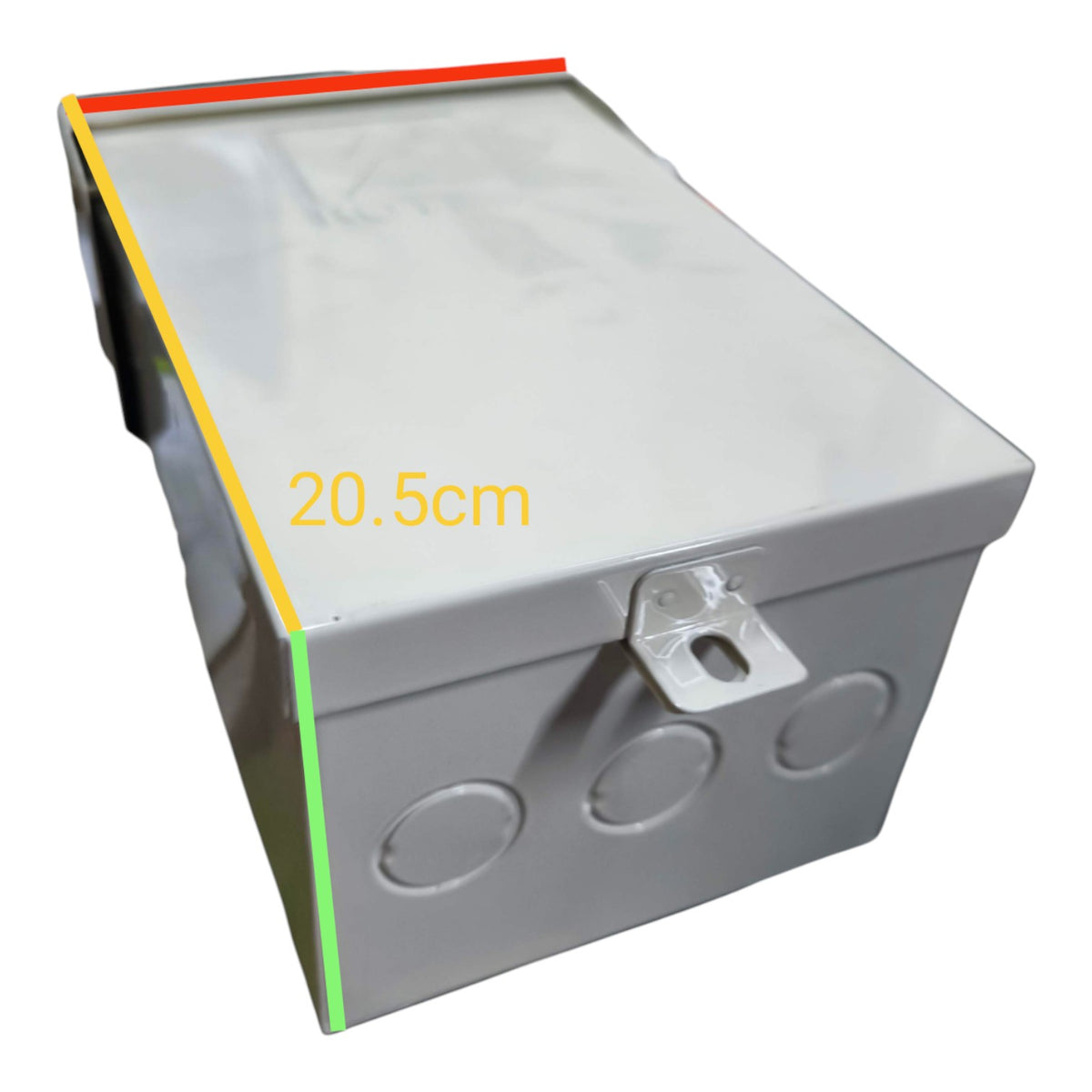 Gray metal box with dimensions indicated on a white background