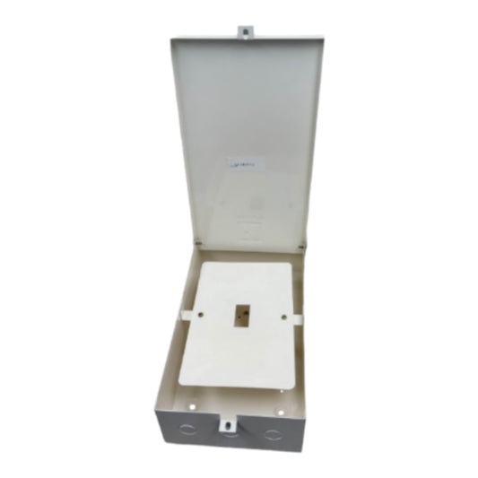 Metal electrical box with a cover on a white background