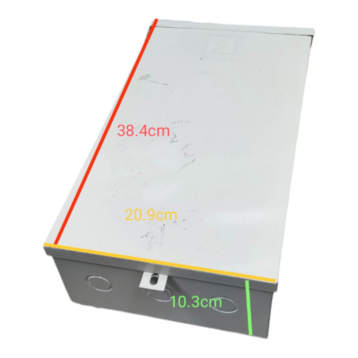 Gray shoe box with measurements on a white background