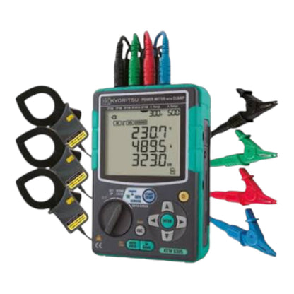 A handheld clamp meter tool with a red clamp body and a yellow handle, featuring a black control panel with a screen and buttons, isolated on a white background.