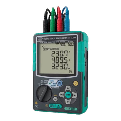 A Kyoritsu KEW-6305 power meter with clamp, featuring a teal and dark gray rugged housing, a digital LCD screen showing readings, and four test leads in black, green, red, and blue protruding from the top.