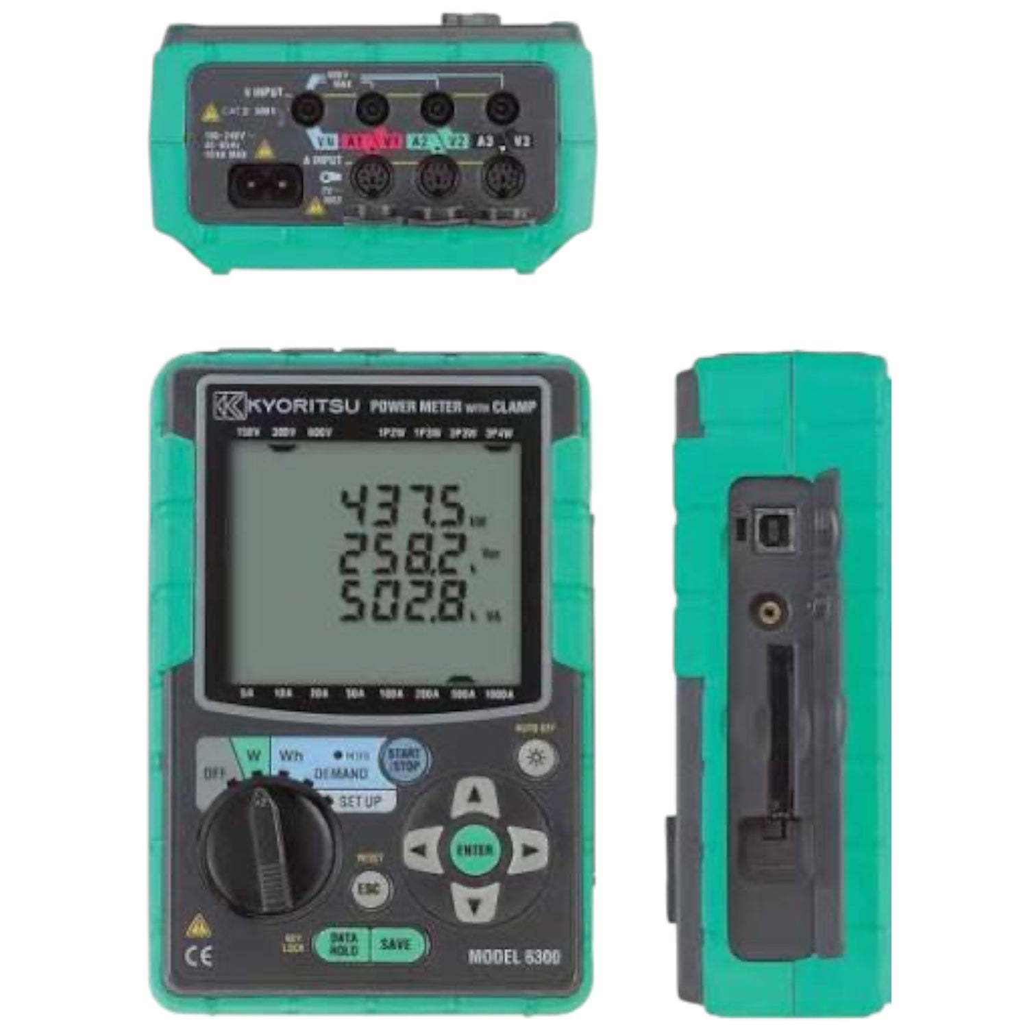 Three views of a Kyoritsu power meter with clamp 6305-00, featuring a teal and dark gray rugged housing, a front display screen, and a side profile view on a white background.