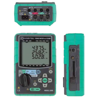 Three views of a Kyoritsu power meter with clamp 6305-00, featuring a teal and dark gray rugged housing, a front display screen, and a side profile view on a white background.