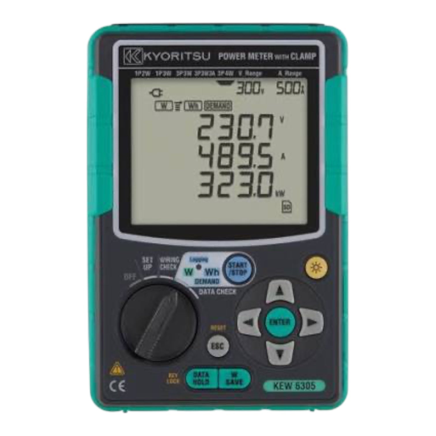 Kyoritsu FP20 SP20K power meter with clamp, model KEW 6305, featuring a dark gray face, teal protective casing, and a large LCD display showing voltage, current, and power readings.