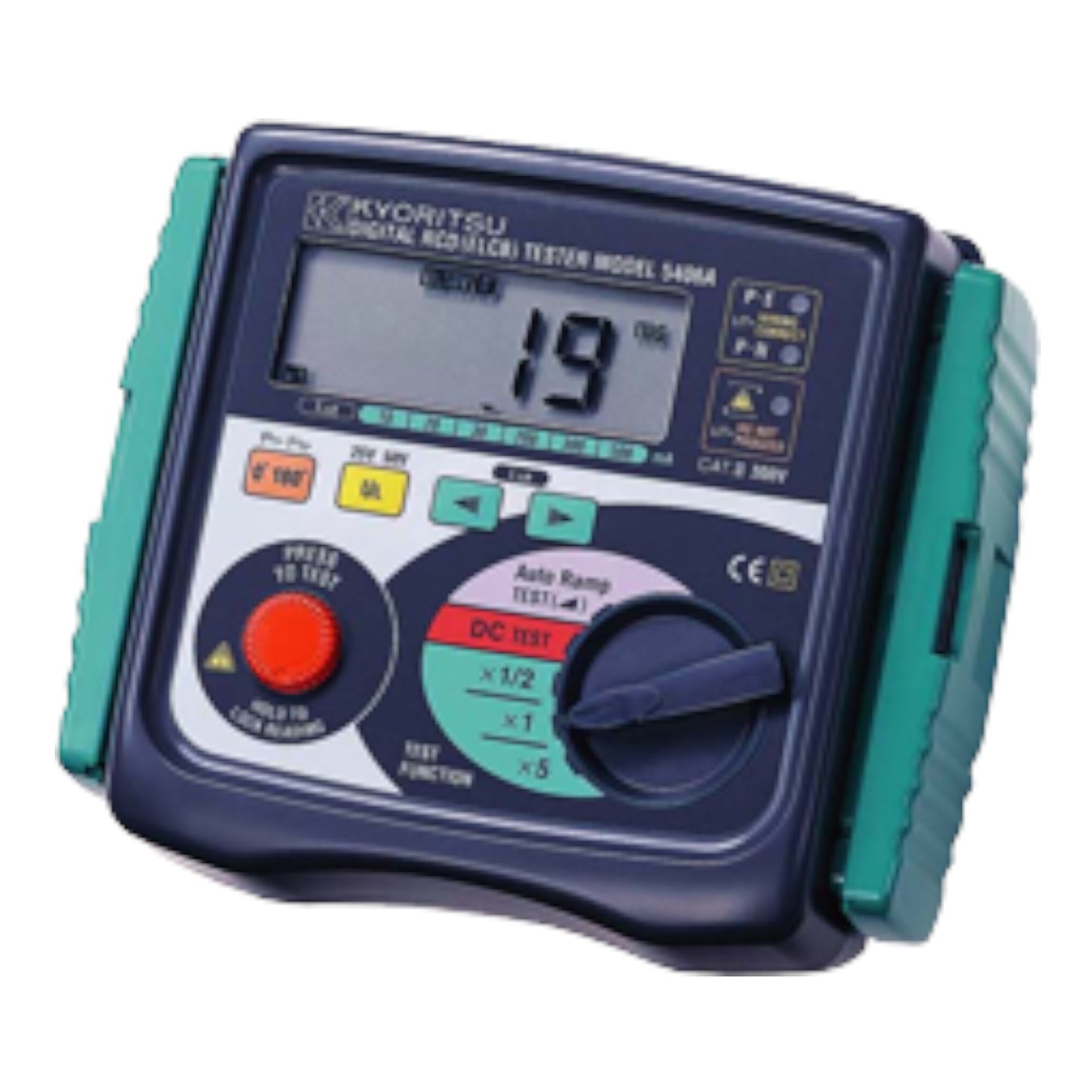 A Kyoritsu digital multimeter tester model 3005A featuring a dark navy blue faceplate with a large LCD screen, rotary dial, red test button, and teal side grips, isolated on a white background.