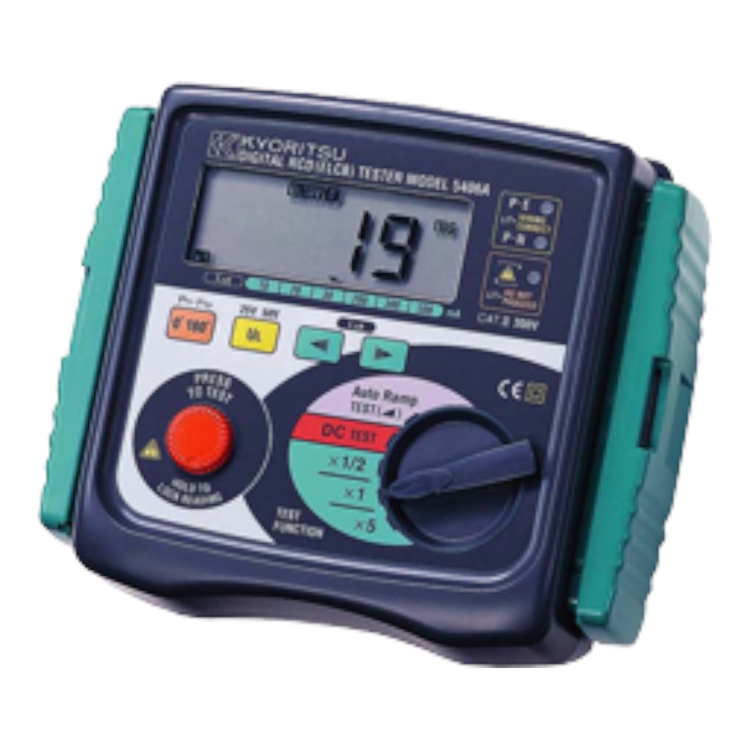 A Kyoritsu digital multimeter tester model 3005A featuring a dark navy blue faceplate with a large LCD screen, rotary dial, red test button, and teal side grips, isolated on a white background.