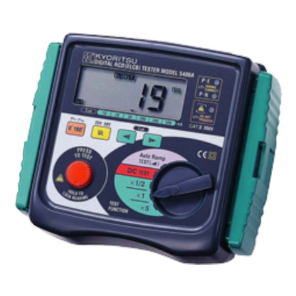 A Kyoritsu digital multimeter tester model 3005A featuring a dark navy blue faceplate with a large LCD screen, rotary dial, red test button, and teal side grips, isolated on a white background.