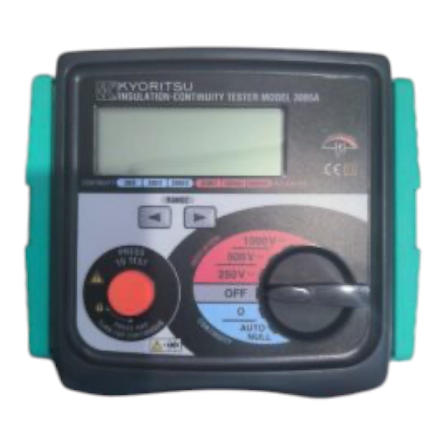A Kyoritsu insulation continuity tester model 3005A with a black faceplate, green side handles, a digital display screen, and rotary controls.