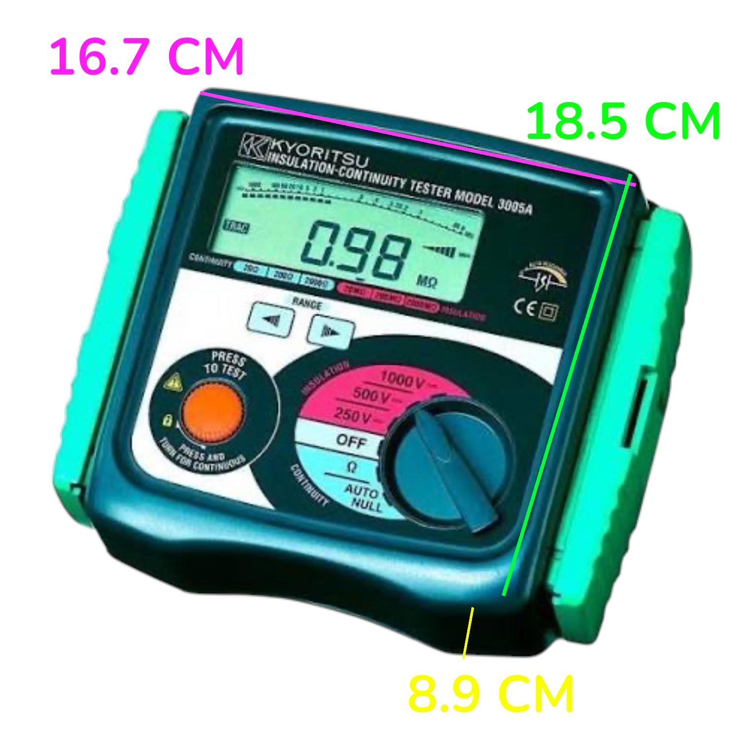 A Kyoritsu insulation continuity tester model 3005A shown on a plain white background with measurement annotations in pink, green, and yellow text indicating dimensions.