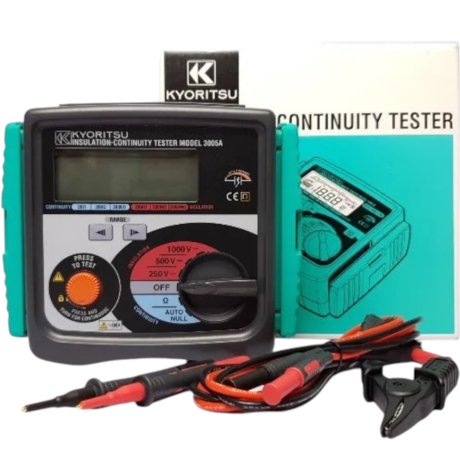 Kyoritsu Model 3005A insulation continuity tester with a teal and black faceplate, shown with its red and black test leads and the product box on a white background.
