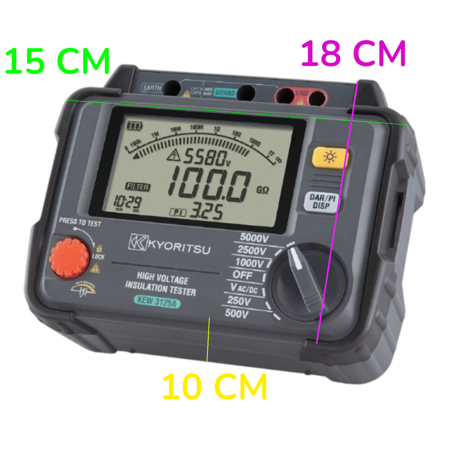 Kyoritsu KEW 3125A high voltage insulation tester shown on a white background with green, pink, and yellow dimension lines indicating 15 cm, 18 cm, and 10 cm measurements.