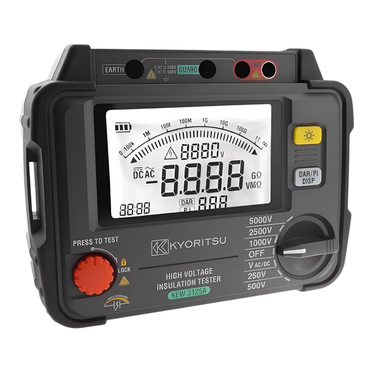 A Kyoritsu high voltage insulation tester with a black plastic housing, a large white LCD screen showing test values, a red test button, and a rotary dial on the front, isolated on a white background.
