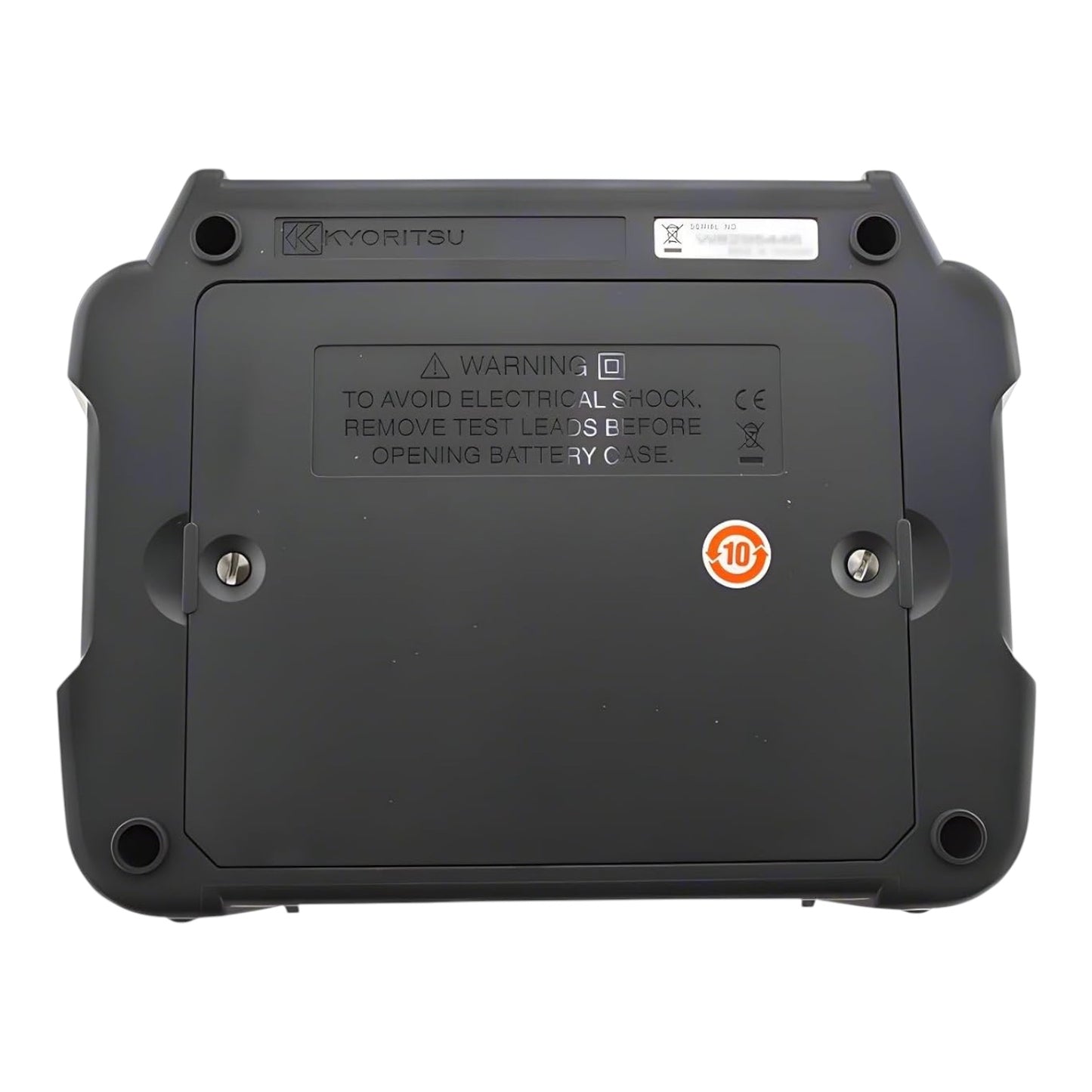 The back of a black Kyoritsu industrial tool or device, showing screw holes, a warning label, CE markings, and a red circular '10' sticker, on a white background.