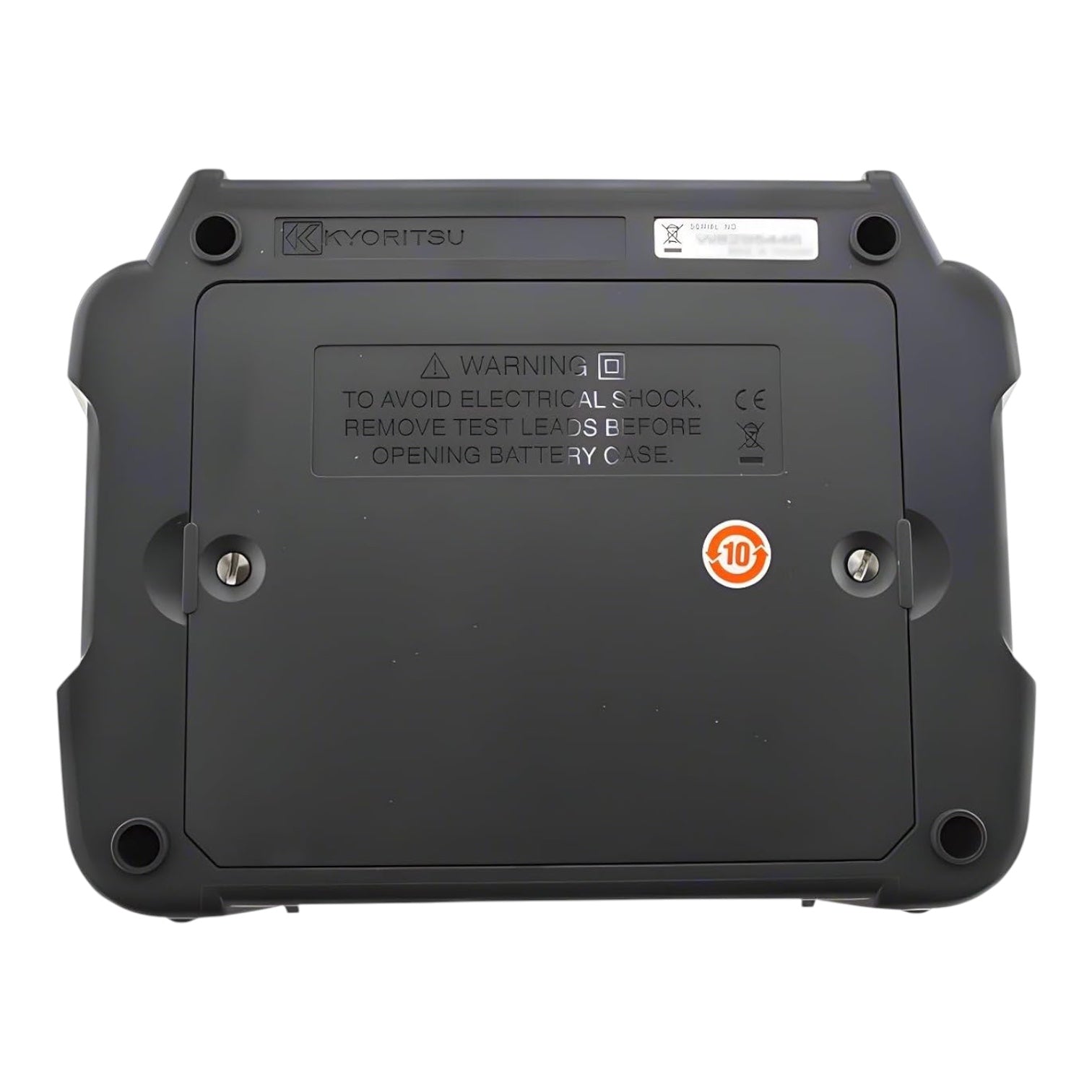 The back of a black Kyoritsu industrial tool or device, showing screw holes, a warning label, CE markings, and a red circular '10' sticker, on a white background.