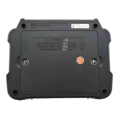 The back of a black Kyoritsu industrial tool or device, showing screw holes, a warning label, CE markings, and a red circular '10' sticker, on a white background.