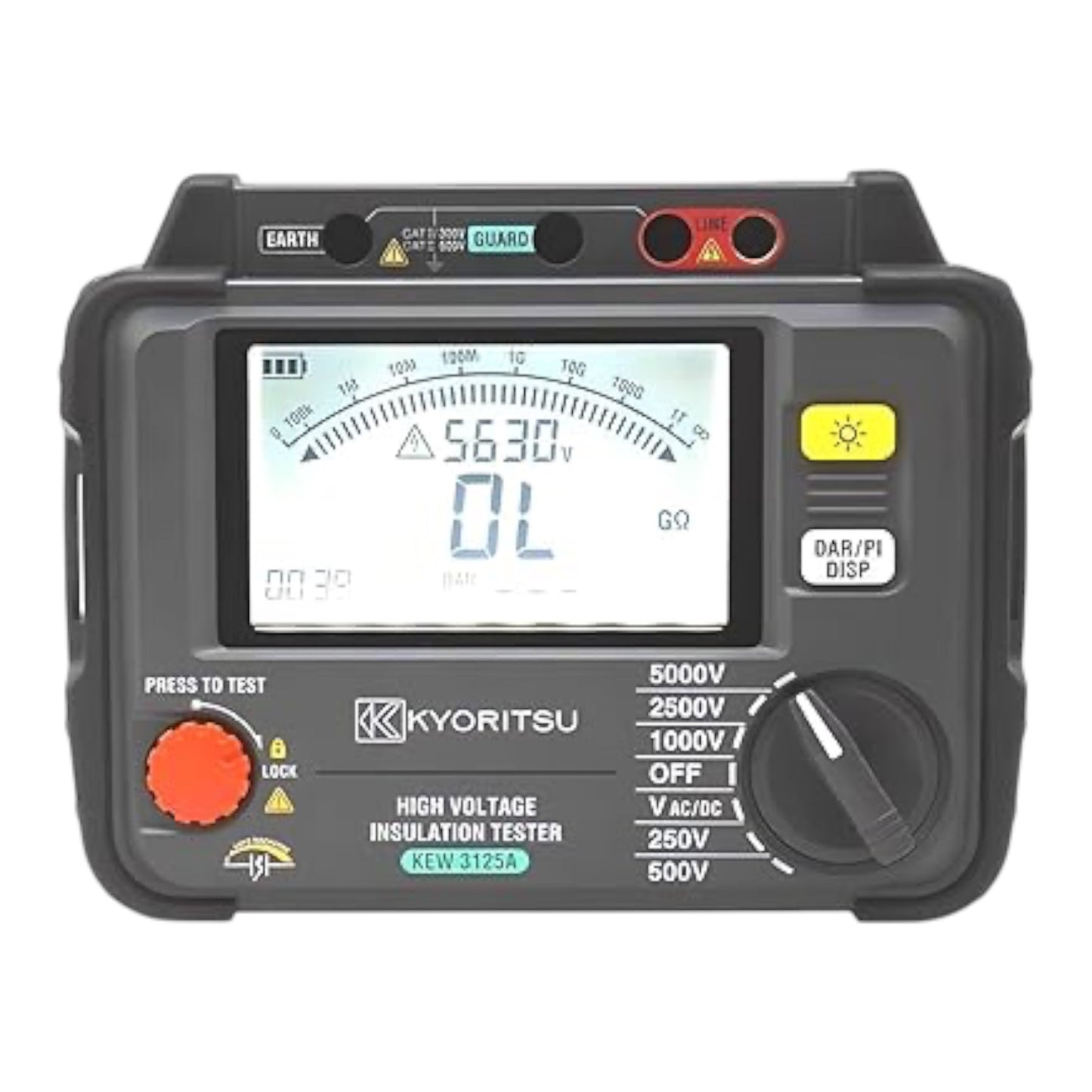 A Kyoritsu high voltage insulation tester with a digital LCD display, rotary dial, and red test button, shown against a plain white background.