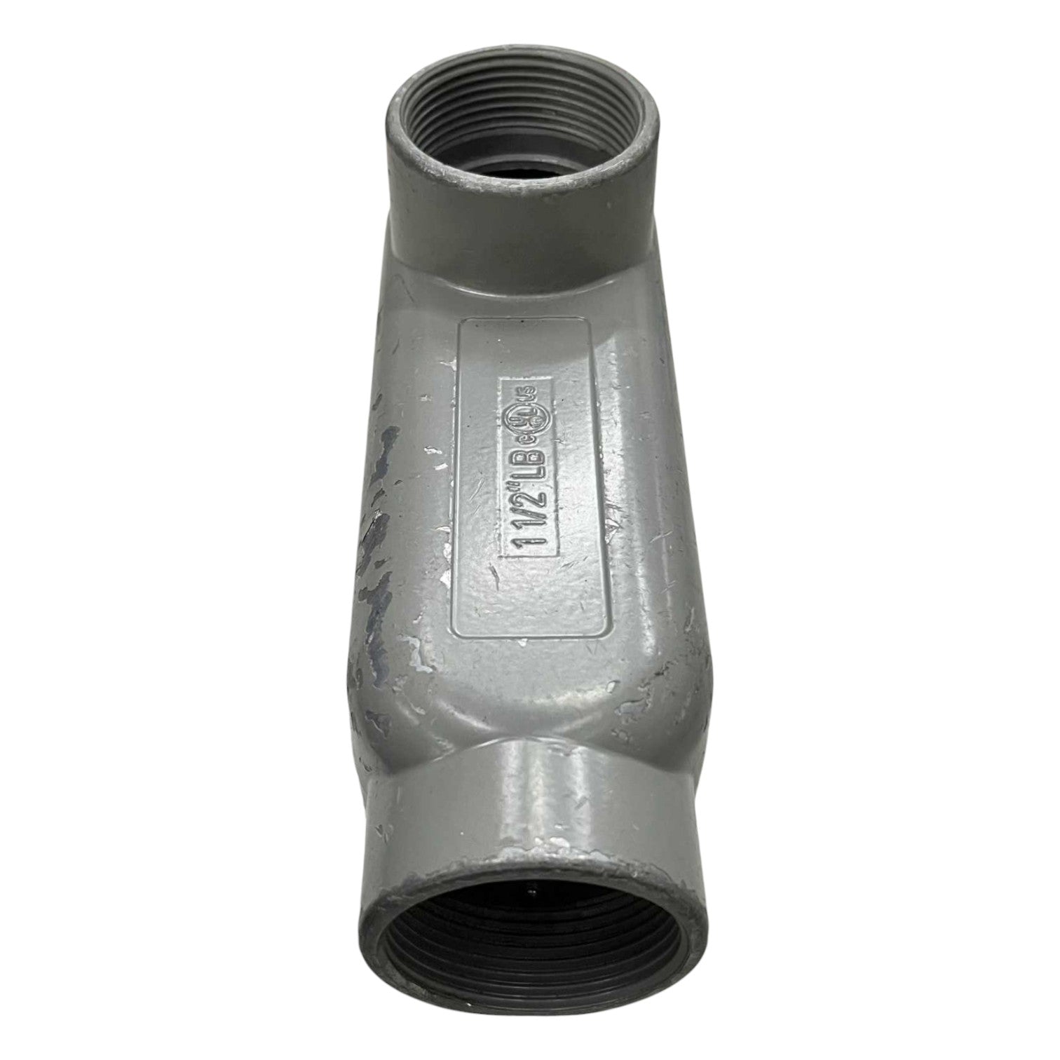 Metal pipe fitting with threading on a white background