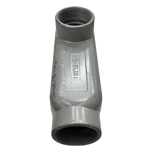 Metal pipe fitting with threading on a white background