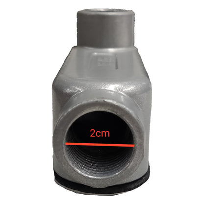 Metal pipe fitting with a 2cm measurement on a white background
