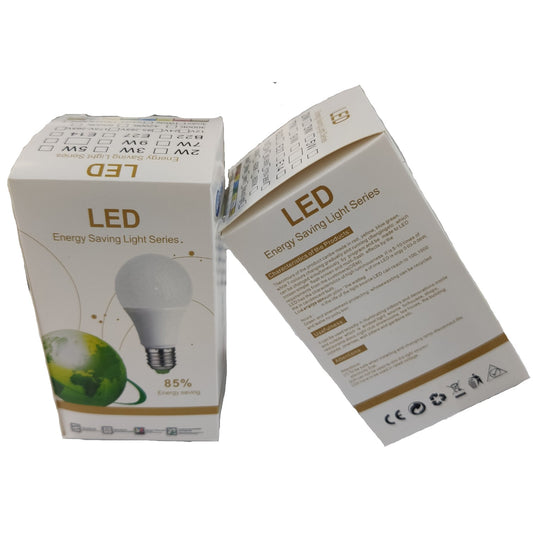 Two LED light bulb boxes on a white background