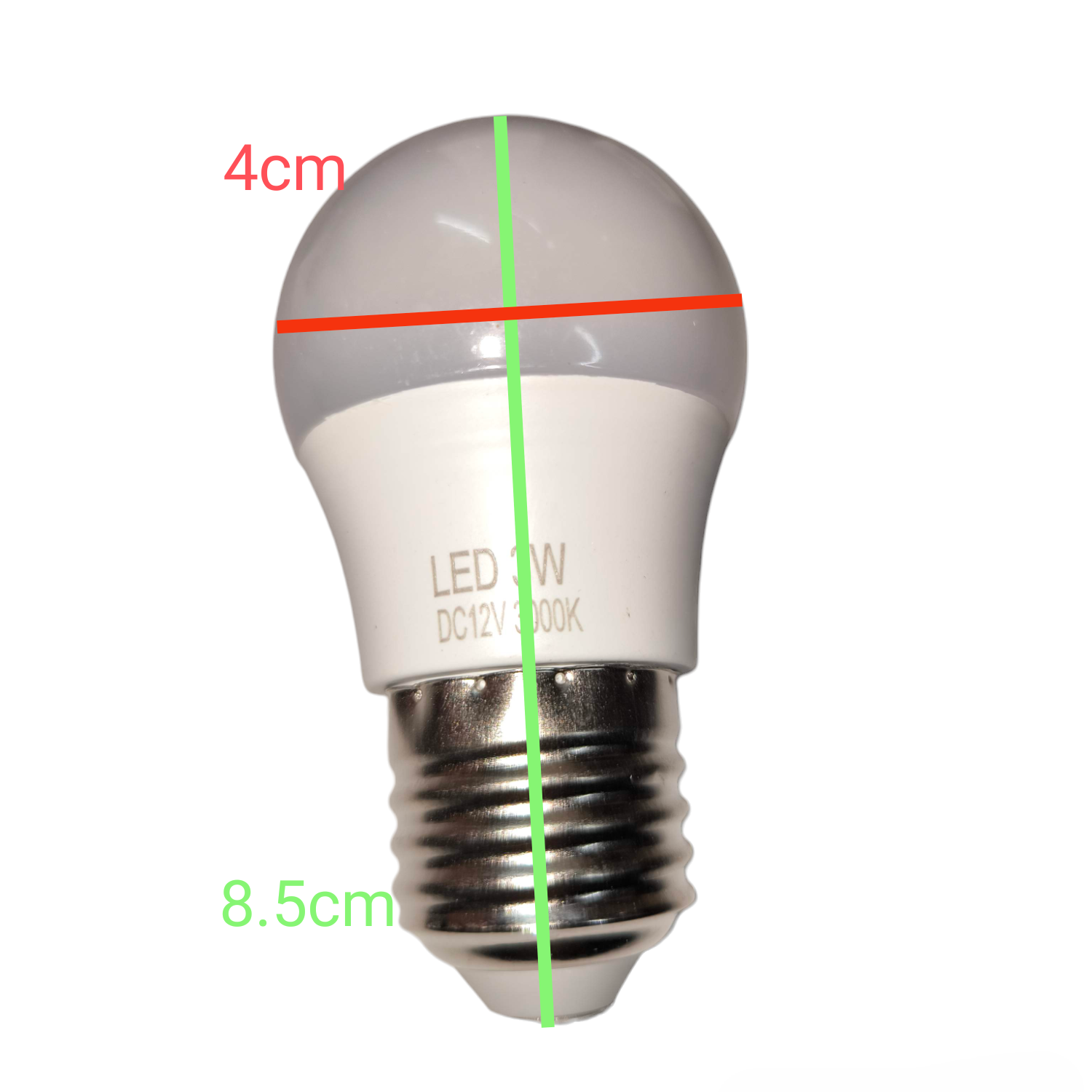 LED light bulb with measurements on a white background