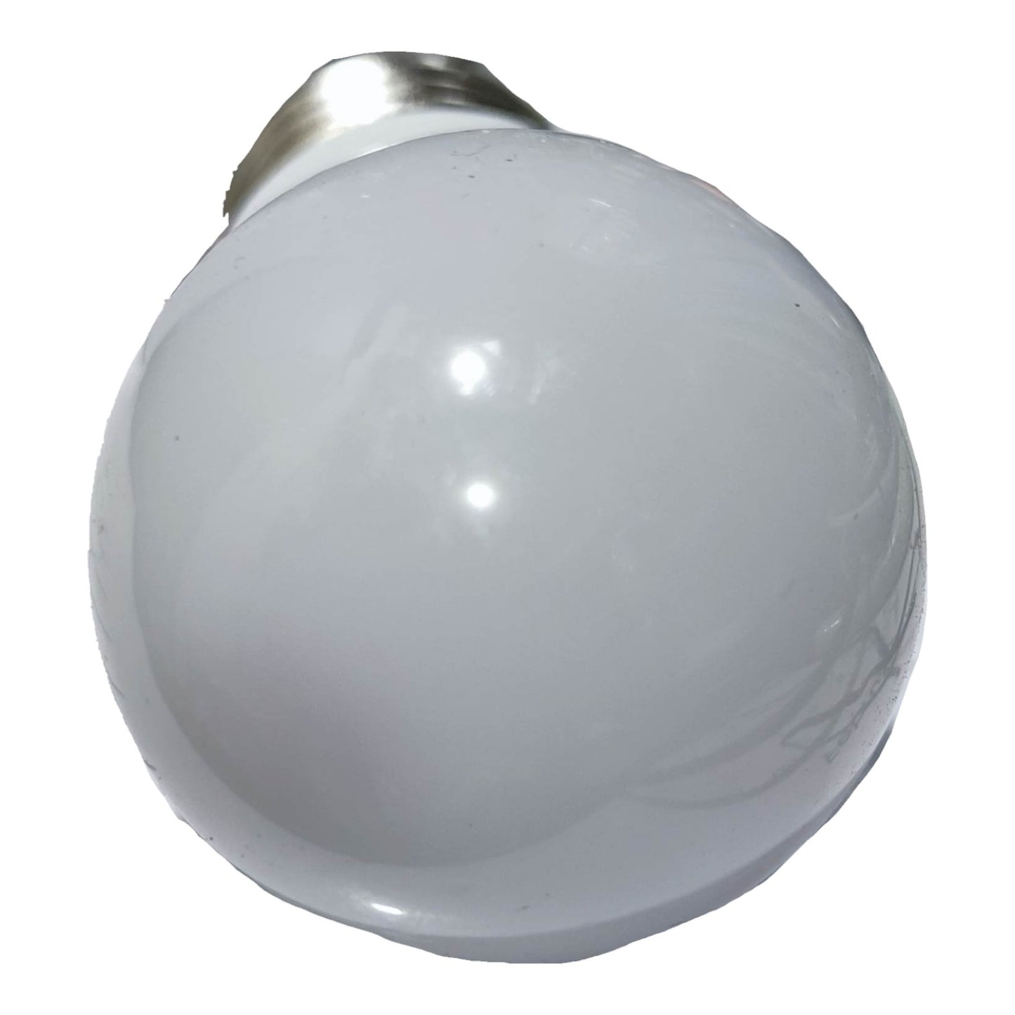 Spherical white light bulb with metallic base on a white background