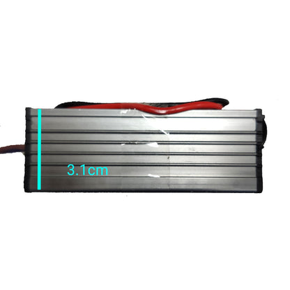 A silver aluminum power supply or battery with red and black wires, featuring a cyan measurement overlay indicating 3.1cm height, on a white background.