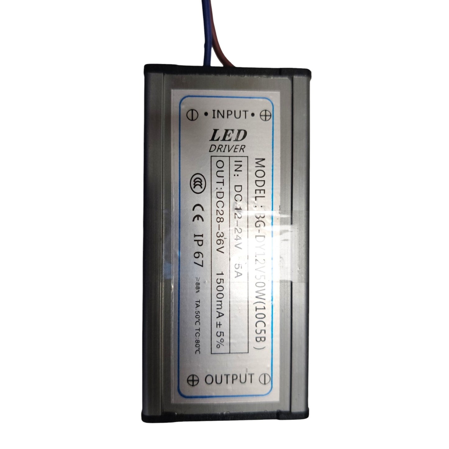 A rectangular LED driver power supply with a gray metal casing and a white label, featuring red and black wires at the top, photographed on a white background.
