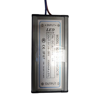 A rectangular LED driver power supply with a gray metal casing and a white label, featuring red and black wires at the top, photographed on a white background.