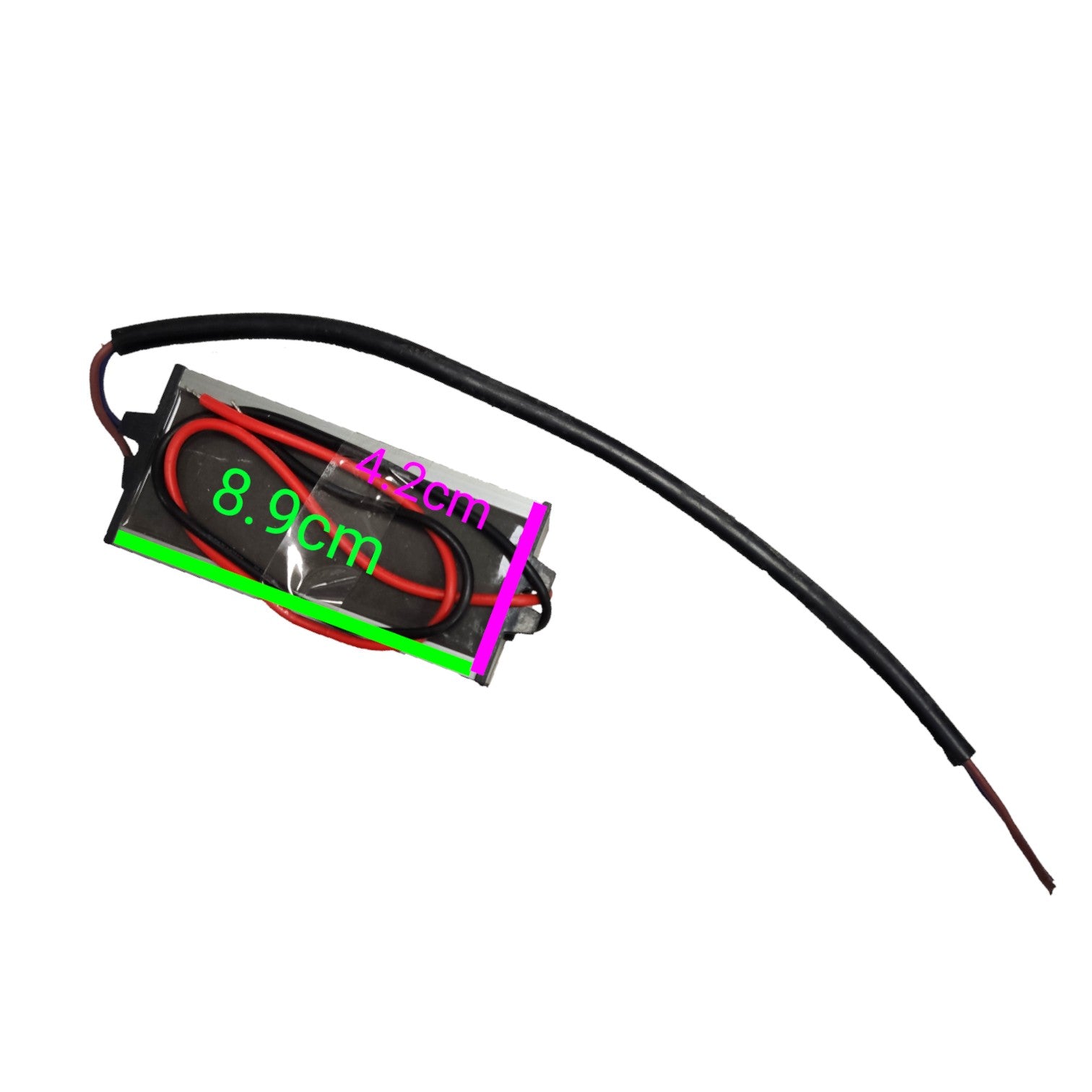 A small rectangular electronic component with a black body, red and black wires, and overlaid measurement labels reading 8.9cm and 4.