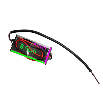 A small rectangular electronic component with a black body, red and black wires, and overlaid measurement labels reading 8.9cm and 4.