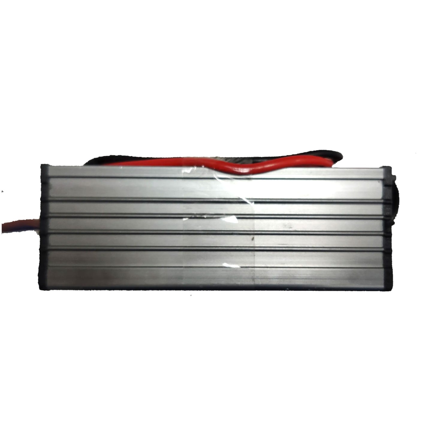A rectangular silver metal electronic module with horizontal cooling fins, a red and black cable attached on top, and a red wire extending from the left side, shown against a plain white background.