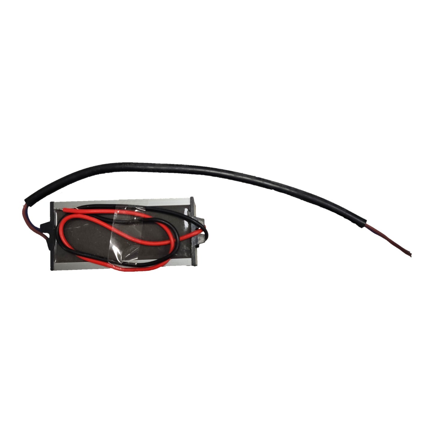 A small rectangular electronic component with a black cable extending from one side, featuring red and black wires wrapped around it, shown on a plain white background.