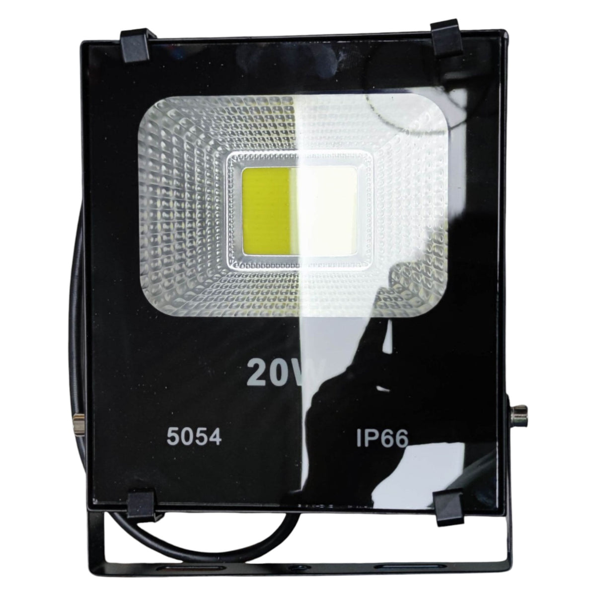 LED flood light with visible branding and specifications on a white background