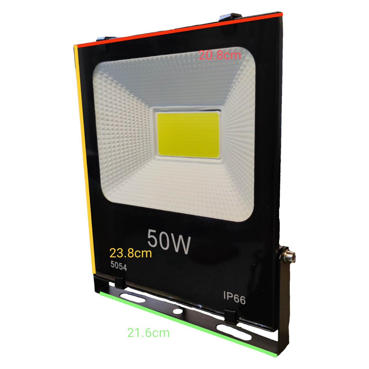 LED flood light with dimensions and specifications on a white background