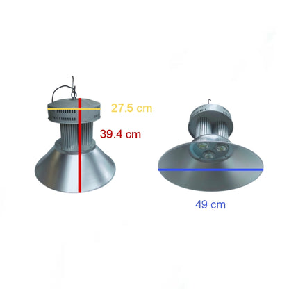Two industrial ceiling lights with measurements on a white background